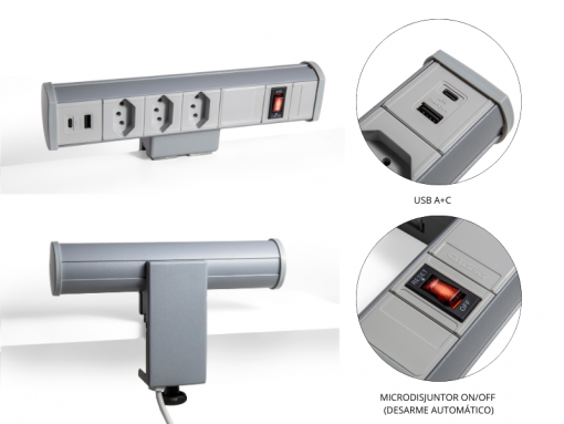 Estação Vertical 3NBR + USB Usb A+C cinza da QTMOV