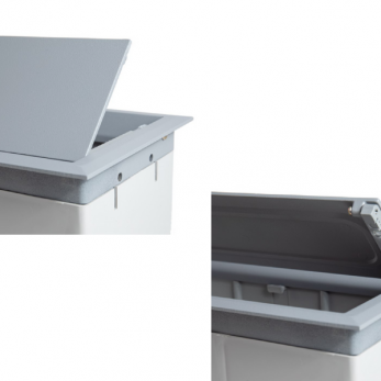 Abertura para os dois lados da caixa de tomada de mesa open box double da QTMOV